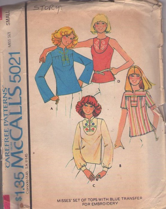 McCall's 5021 Vintage 70's Sewing Pattern Hippie Blouse Set, Boho Nehru Slit Neck Yoked Blouse, Shirt Set, Embroidery Trim Size S