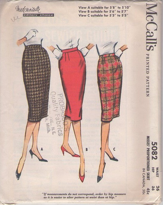 McCall's 5082 Vintage 50's Sewing Pattern Skirts Set, Mademoiselle Editors' Choice Slim Fit Rockabilly Pencil Skirt Set, Proportioned Waist 26 Size M