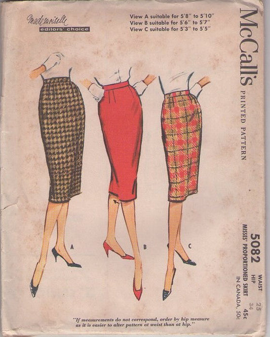 McCall's 5082 Vintage 50's Sewing Pattern Skirts Set, Mademoiselle Editors' Choice Slim Fit Rockabilly Pencil Skirt Set, Proportioned Waist 25 Size S