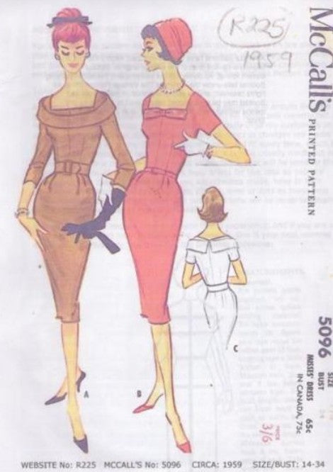 McCall's 5096 Retro 50's Sewing Pattern Party Dress, Repro 1959 Curve Hugging Crumb Catcher Neckline Fitted Rockabilly Sheath Cocktail Party Dress, 2 Styles Size 14