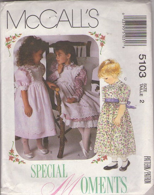 McCall's 5103 Vintage 90's Sewing Pattern Girls' Modest Dresses, Special Moments, Midi Length, Cottagecore, Farmcore Fancy Dress, Pinafore Apron, Slip Size 2