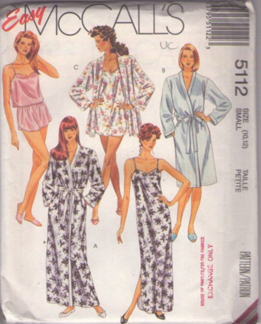 McCall's 5112 Vintage 90's Sewing Pattern PJs Set, Easy Sleepwear Wardrobe, Camisole Top, Tap Panties Shorts, Chemise & Long Slip Nightgown, Wrap Short, Mid or Long Robe Size S