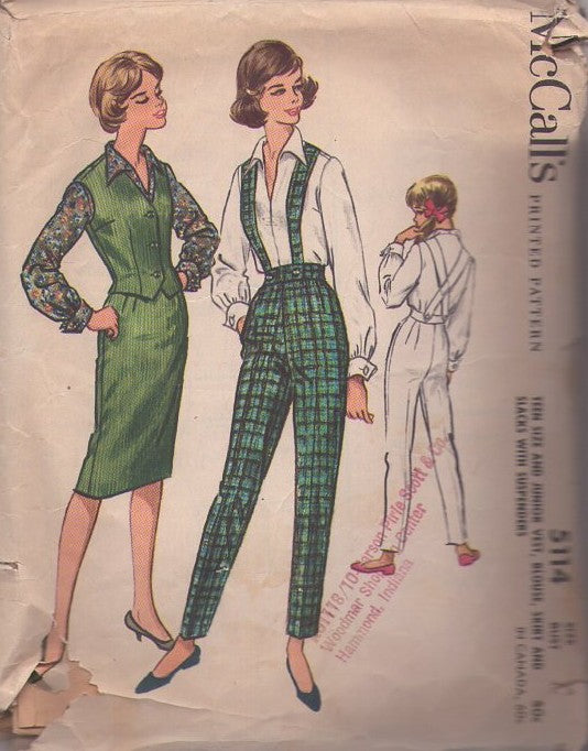 McCall's 5114 Vintage 50's Sewing Pattern Rockabilly Separates, Criss Cross Suspender Straps Slacks, Trousers, Slim Skirt, Wing Collar Blouse, Weskit Vest Size 14