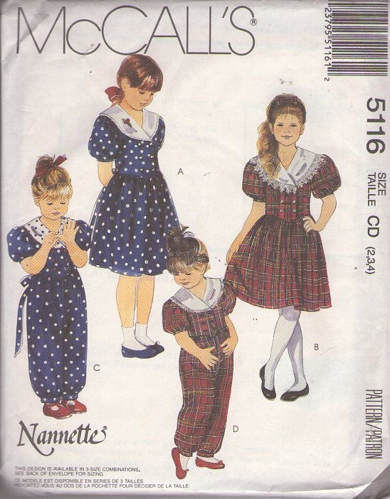 McCall's 5116 Vintage 90's Sewing Pattern Girls' Modest Dress, Jumpsuit Set, Designer Nannette Wide Collar, Basque Waist, Puff Sleeve Loose Jumpsuit, School Dress Size 2-4
