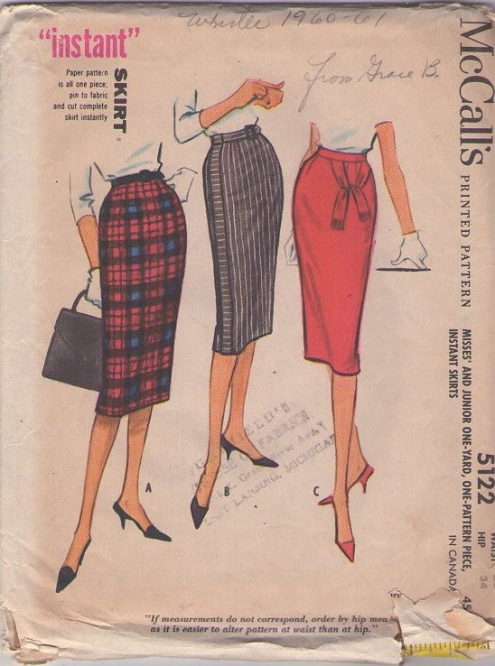 McCall's 5122 Vintage 50's Sewing Pattern Easy Rockabilly Skirts, Pinup Girl 1 Yard Instant 1 Gore Skirt, 3 Styles Waist 25