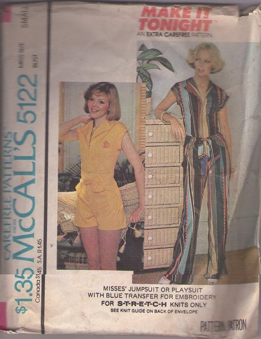 McCall's 5122 Vintage 70's Sewing Pattern Disco Jumpsuits, Make It Tonight Extra Carefree Disco Babe Wing Collar Playsuit, Romper, Jumpsuit Coveralls Size S