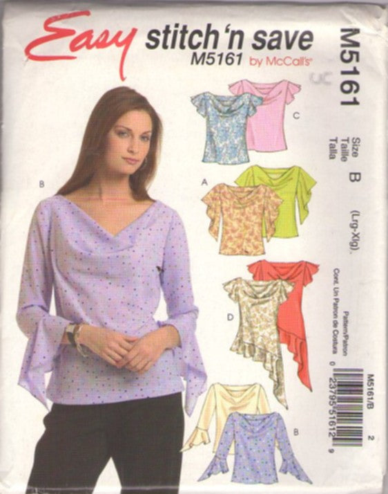 McCall's 5161 Retro 2006 Sewing Pattern Plus Size Tops, Stitch N Save Flutter Sleeve Bias Pullover Top, Blouse Set, Cowl Neck 4 Styles Size L-XL
