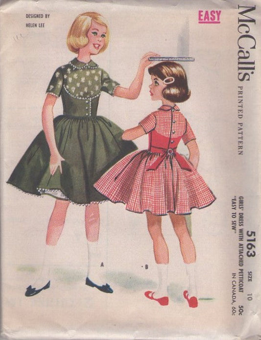 McCall's 5163 Vintage 50's Sewing Pattern Girls' Dress Set, Designer Helen Lee, Back Button Bodice Rockabilly Hairspray School Dance Party Dress Size 10