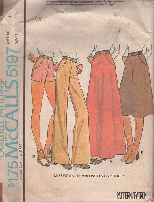 McCall's 5197 Vintage 70's Sewing Pattern Disco Slacks, High Waist Short Shorts, Fly Front Flared Jeans, Pants, Skirt Set Size 14