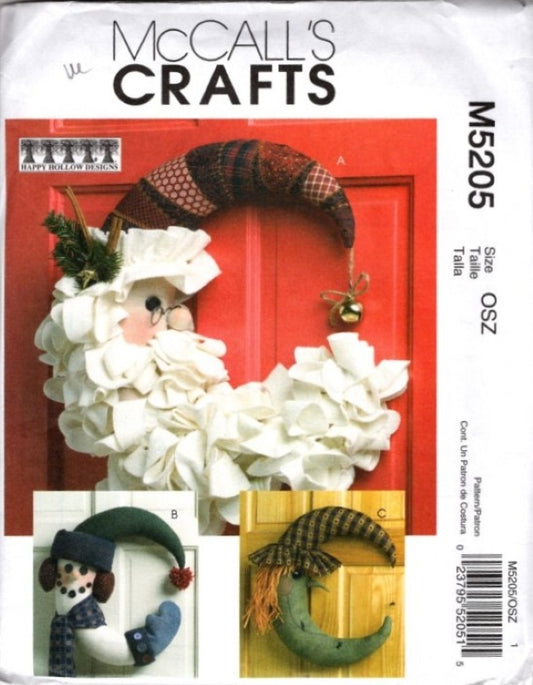 McCall's 5205 Retro 2006 Sewing Pattern Holiday Crafts, Happy Hollow Designs Wreath Set, Santa, Snowman, Witch OZ