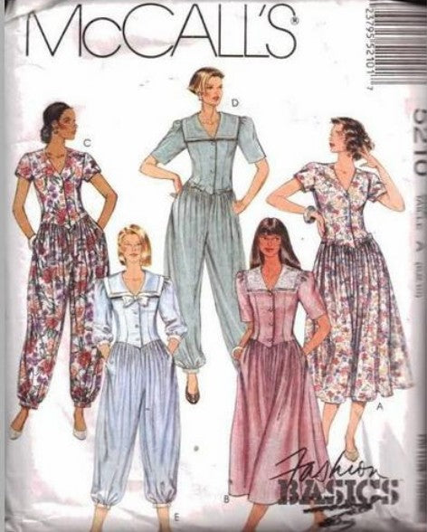 McCall's 5210 Vintage 90's Sewing Pattern Cottagecore Jumpsuit, Garden Party Dress, Grunge Era Basque Waist Pleated Barrel Cuff Jumpsuit, Laura Ashley Style Dress, Sailor Collar Size 6-10