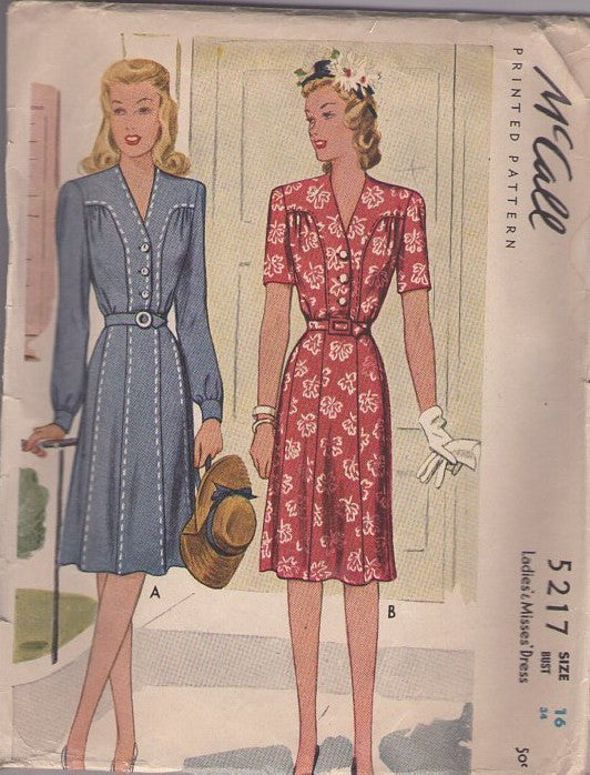 McCall's 5217 Vintage 40's Sewing Pattern WW2 Day Dress, Swing Dance Era V Neck Shirtwaist Day Dress, Stitch Trim, Gored Skirt 2 Styles Size 16