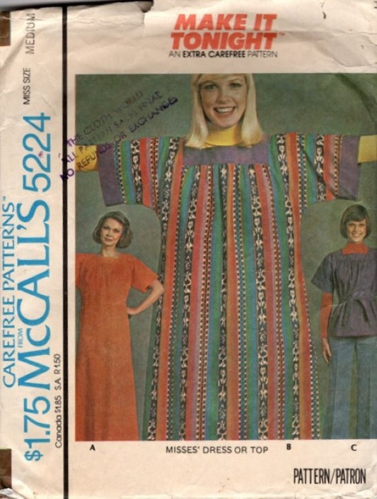 McCall's 5224 Vintage 70's Sewing Pattern Make It Tonight Easy Caftan Dress, Mrs. Roper MuuMuu Lounge Gown, Blouse Size M
