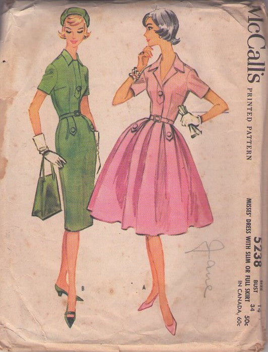McCall's 5238 Vintage 50's Sewing Pattern Rockabilly Dress, Lucy Looks, Big Button Bodice Pinup Cocktail Party Dress Pencil Sheath or Full Pleated Skirt Button Tab Trim Size 14