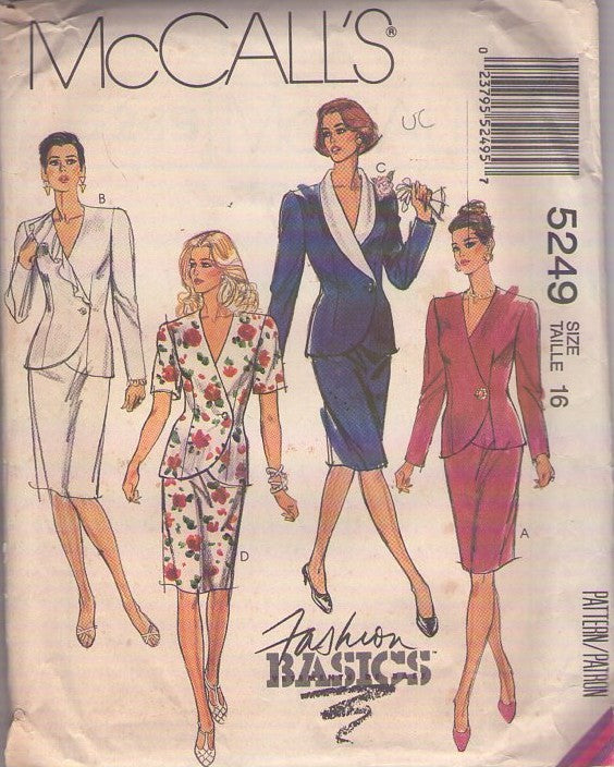 McCall's 5249 Vintage 80's Sewing Pattern Dynasty Power Suit, Fashion Basics, 2 Piece Dress, Jacket Top Blouse, Slim Sheath Skirt Size 16