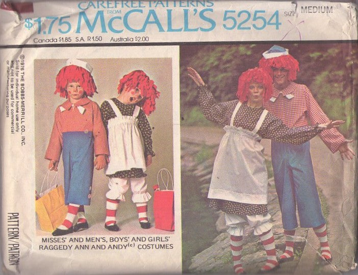 McCall's 5254 Vintage 70's Sewing Pattern Character Costumes, Couples' Halloween Costumes Raggedy Ann & Andy Jumpsuit, Dress, Pinafore Apron, Bloomers & Yarn Hair Wigs Adult M