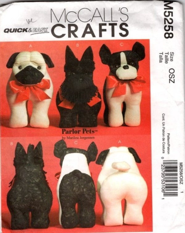 McCall's 5258 Retro 2006 Sewing Pattern Parlor Pets, Designs by Marilou Jorgensen, Stuffed Toy Dogs, Scottie, Pug, Terrier OZ