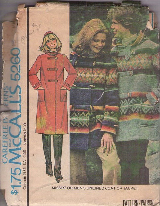 McCall's 5260 Vintage 70's Sewing Pattern Winter Jackets, Toggle Buttons Parka Coat, Jacket with Hood for Men or Women Size M