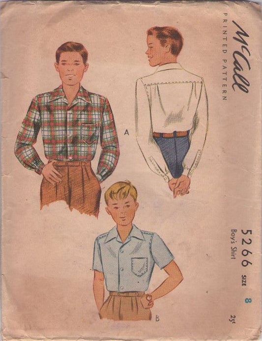 McCall's 5266 Vintage 40's Sewing Pattern Boys' Shirts, Tailored Top Stitched Leave it to Beaver Dress or Sports Shirt Size 8