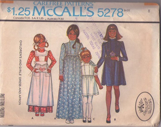 McCall's 5278 Vintage 70's Sewing Pattern Girls' Dress, Aprons, Designer Laura Ashley Modest Farmcore Party or School Dress, Cottagecore Pinafore Apron Cover Up Size 8