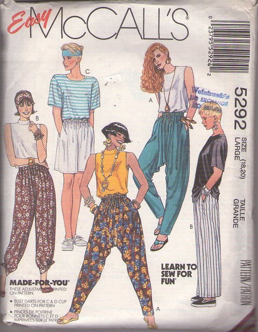 McCall's 5292 Vintage 90's Sewing Pattern Fad Separates, Stop! Hammertime! MC Hammer Dropped Crotch Harem Pants, Loose Shorts, Tshirt Top, Workout Headband Size L