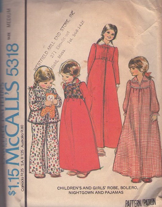 McCall's 5318 Vintage 70's Sewing Pattern Girls' Sleepwear, High Empire Waisted Christmas Morning Robe, Nightgown, Pajamas Top, Pants Size M CUT