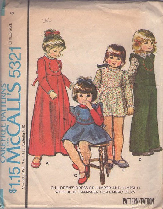 McCall's 5321 Vintage 70's Sewing Pattern Girls' Dress Set, Cottagecore, Holiday Party, High Waist Maxi Gown, Pinafore Jumper Dress, Wide Leg Jumpsuit Size 6