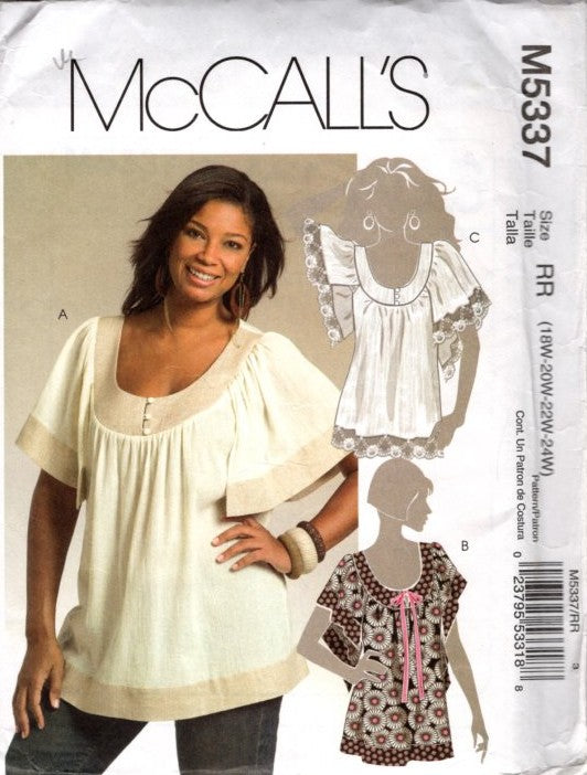 McCall's 5337 Retro 2007 Sewing Pattern Full Figure Blouse Set, Bohemian, Boho Loose Fit Summer Tops, 3 Styles Size 18W-24W