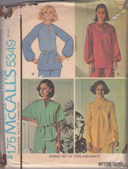 McCall's 5349 Vintage 70's Sewing Pattern Hippie Shirts, Casual or Twisted Peekaboo Neck Pullover Set of Raglan Sleeve Tunic Tops, Shirt Size L