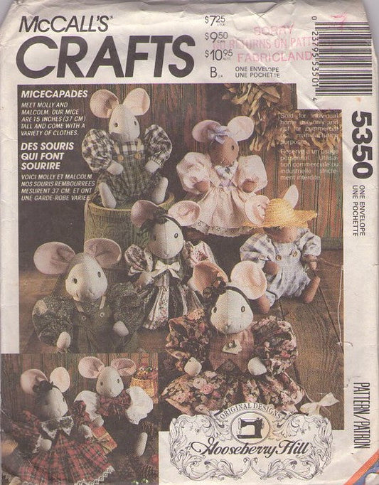 McCall's 5350 Vintage 90's Sewing Pattern Animal Crafts, Micecapades Toy Doll Mouse & Dress, Overalls, Clothing by Gooseberry Hill