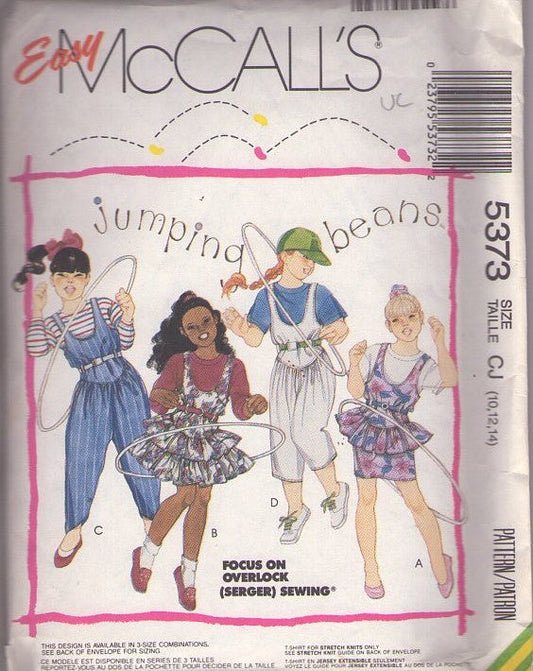 McCall's 5373 Vintage 80's Sewing Pattern Girls' Jumpers, Jumping Beans, New Wave Valley Girl, Scooped Basque Drop Waist Jumper, Dress, Capri or Long Coveralls, Jumpsuit, Tshirt Top Size 10-14