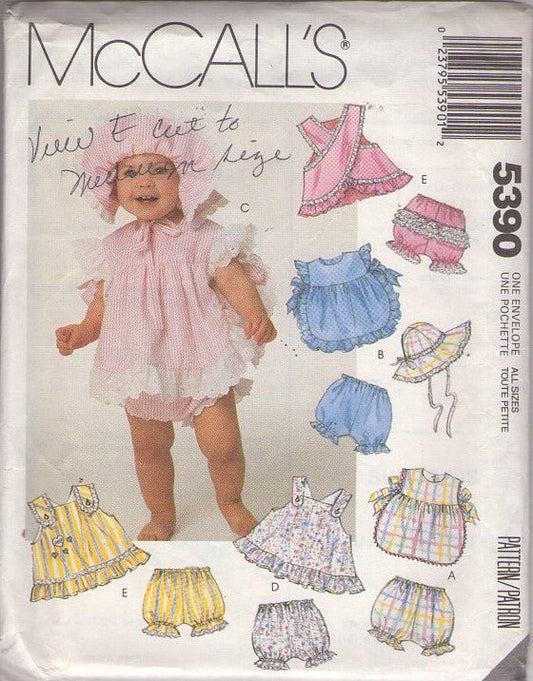 McCall's 5390 Vintage 90's Sewing Pattern Baby Sun Dress, Criss Cross Back, Pinafore Dress, Rhumba Pants, Bloomers Shorts, Sun Hat Size M