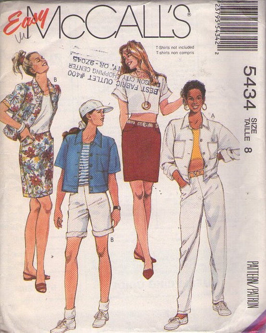 McCall's 5434 Vintage 90's Sewing Pattern Easy Summer Separates, Hip Hop Jean Jacket, Shirt Jacket Blouse, Shorts, Skirt, Jeans or Pants Size 8