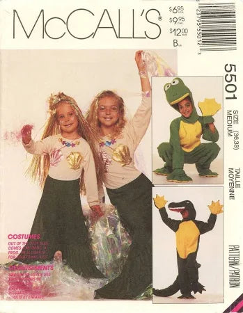 McCall's 5501 Vintage 90's Sewing Pattern Animal Costumes, Under the Sea, Little Mermaid, Tail Skirt, Top, Frog & Alligator, Crocodile Jumpsuit with Hood Size Adult S