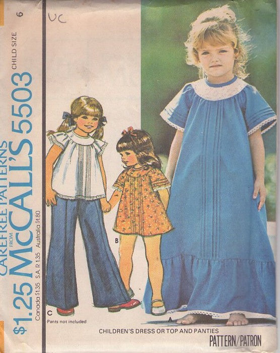 McCall's 5503 Vintage 70's Sewing Pattern Girls' Smock Dress Set, Pin Tucks Yoked Flared Blouse Top, Mini Dress, Ruffle Flounce Maxi Gown & Panties Size 6
