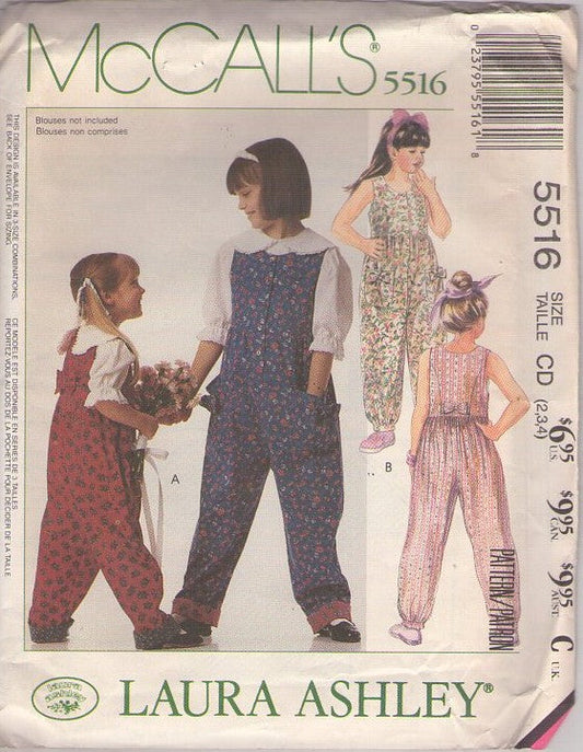 McCall's 5516 Vintage 90's Sewing Pattern Girls' Jumpsuits, Designer Laura Ashley Cottagecore, Modest Loose Fit Jumpsuit, 2 Styles Size 2-4