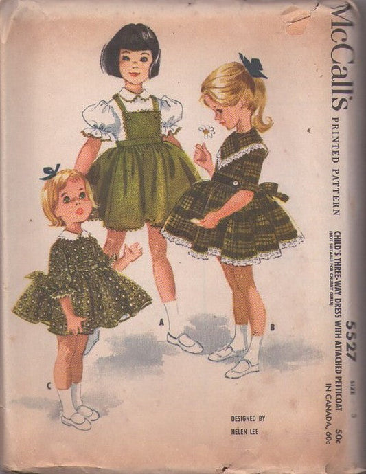 McCall's 5527 Vintage 60's Sewing Pattern Girls' Petticoat Dress, Designer Helen Lee, Modest Sweet Full Flared Skirt with Attached Petticoat Three Way Dress, Jumper or Dress Size 5