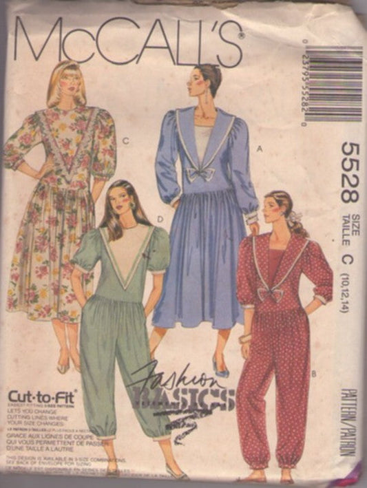 McCall's 5528 Vintage 90's Sewing Pattern Cottagecore Jumpsuits, Fashion Basics Nautical Victorian Look Drop Waist Jumpsuit, Garden Party Dress Size 10