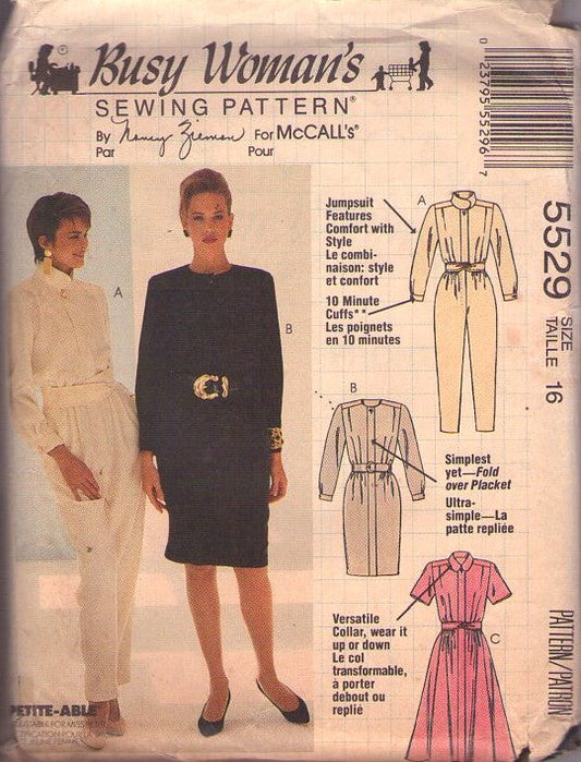 McCall's 5529 Vintage 90's Sewing Pattern Career Separates, Busy Woman's Nancy Zieman Step In Hidden Front Closure Office Party Jumpsuit, Sheath or Flared Skirt Dress Size 16