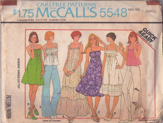 McCall's 5548 Vintage 70's Sewing Pattern Hippie Sun Dress, Tops, Quick & Easy Bohemian, Farmcore, Festival Smock Top, Ruffled Sundress, Tiered Maxi Gown, Straps or Strapless 5 Styles Size S