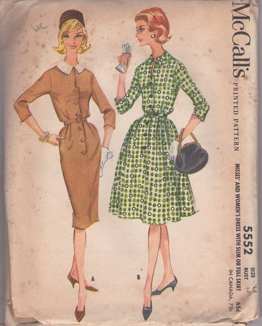 McCall's 5552 Vintage 60's Sewing Pattern Rockabilly Dress, Slim Joan Sheath or Full Skirt Step In Button Up Day Dress Size 14