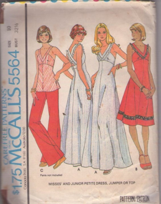 McCall's 5564 Vintage 70's Sewing Pattern Disco Dress Set, V Neck Cutaway Arm Criss Cross Straps High Waist Sun Dress, Blouse, Maxi Party Gown Size 10