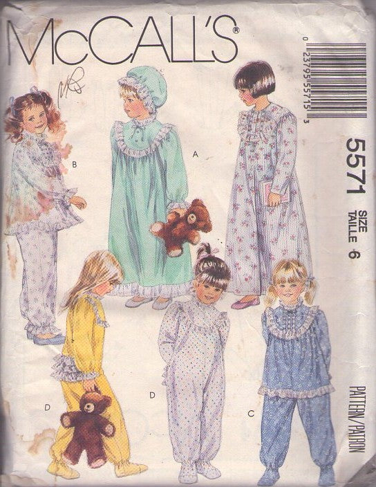 McCall's 5571 Vintage 90's Sewing Pattern Girls' Sleepwear Set, Modest, Old Fashioned Long Nightgown, Pajamas Top & Pants, Ruffle Bottom One Piece Sleeper, Jumpsuit Size 6