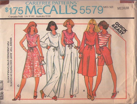 McCall's 5579 Vintage 70's Sewing Pattern Easy Cowl Neck Shirt, Blouson Top, Dress, Shorts, Pants Size M