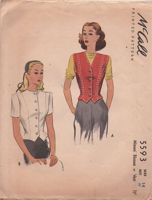 McCall's 5593 Vintage 40's Sewing Pattern WW2 Era Blouses, Front Buttoned Jacket Type Blouse, Top Stitched Vest Size 14