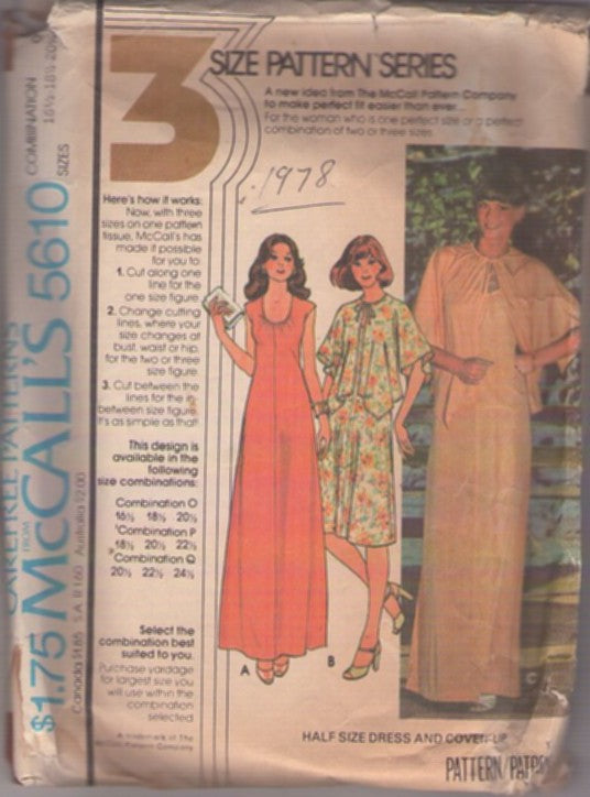 McCall's 5610 Vintage 70's Sewing Pattern Disco Dress, Scoop Neck, Cap Sleeve, Center Seam Party Dress, Poncho, Cover Up, Capelet Size 16.5-20.5