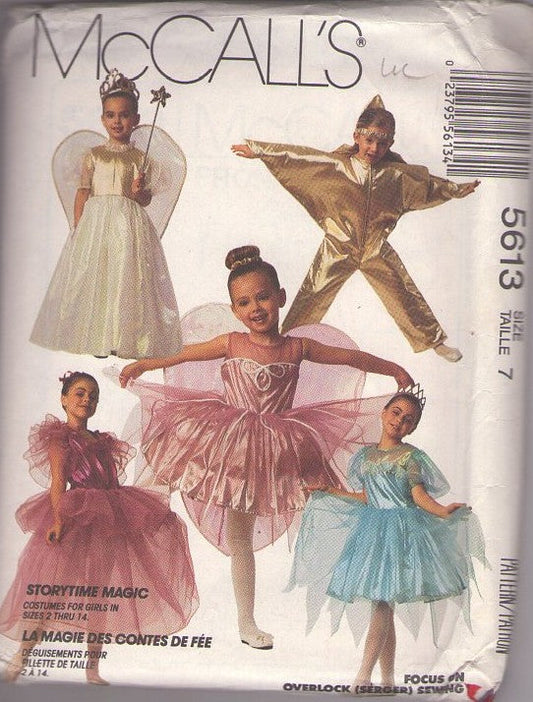McCall's 5613 Vintage 90's Sewing Pattern Dress Up Costumes, Girl's Storytime Magic Fairy Princess, Ballet Sugarplum Fairy Ballerina Dress, Dance Costume, Wings, Gold STAR Jumpsuit Size 7