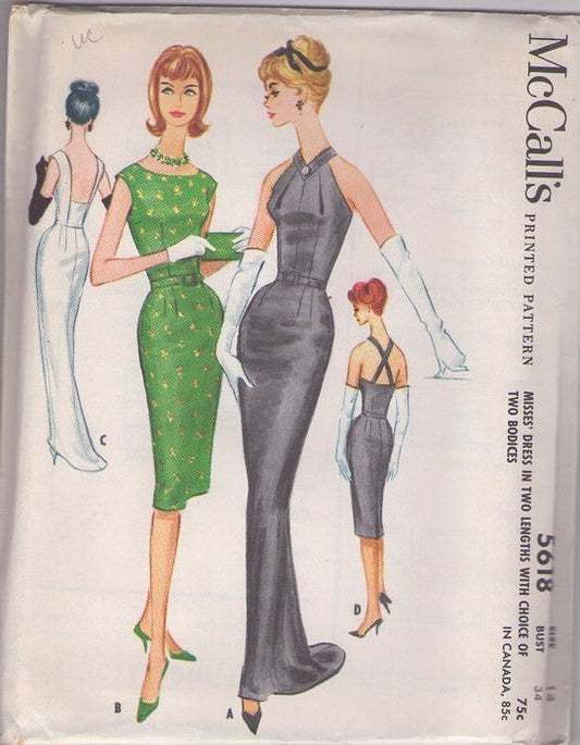 McCall's 5618 Vintage 60's Sewing Pattern Evening Dress Set, Rockabilly Gala Event, Audrey Hepburn, Bare or Criss Cross Straps, Curve Hugging, Wedding Gown, Dress with Train, Cocktail Party Dress Size 14