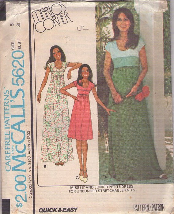 McCall's 5620 Vintage 70's Sewing Pattern Scoop Neck Dress, Petite Knits, Summer Lounge Styles Size 5