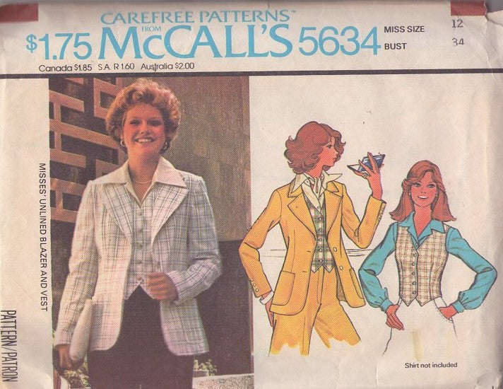 McCall's 5634 Vintage 70's Sewing Pattern Secretary Blazer Suit Jacket, Weskit, Vest Size 12